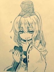Rule 34 | +++, 1girl, blush, closed mouth, commentary request, efukei, food, food on face, hair between eyes, hat, highres, holding, holding food, licking, licking finger, long hair, long sleeves, looking at viewer, monochrome, mononobe no futo, one-hour drawing challenge, ribbon-trimmed sleeves, ribbon trim, sidelocks, smile, smirk, smug, solo, tate eboshi, tongue, tongue out, touhou, traditional media, wide sleeves