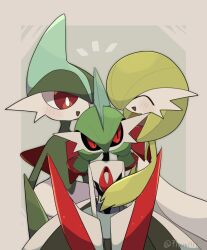 Rule 34 | :d, a-nya, arm blade, black sclera, blush, bob cut, colored sclera, colored skin, commentary request, creatures (company), gallade, game freak, gardevoir, gen 3 pokemon, gen 4 pokemon, green skin, group hug, hair over one eye, happy, highres, hug, iron valiant, joints, looking at another, mohawk, multicolored skin, nintendo, no humans, no mouth, notice lines, open mouth, pokemon, pokemon (creature), red eyes, robot joints, smile, twitter username, two-tone skin, upper body, weapon, white skin