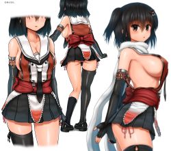 Rule 34 | 1girl, alternate breast size, asymmetrical legwear, black gloves, black hair, black skirt, black socks, breasts, brown eyes, buttons, collarbone, commentary request, covered erect nipples, double-breasted, elbow gloves, facing away, fingerless gloves, from behind, gloves, hair ornament, highres, kantai collection, kinnan, kneehighs, large breasts, looking at viewer, looking to the side, medium hair, miniskirt, multiple views, neckerchief, nib pen (medium), no bra, open mouth, panties, pink panties, pleated skirt, revision, scarf, school uniform, sendai (kancolle), sendai kai ni (kancolle), serafuku, side-tie panties, side-tie peek, sideboob, single thighhigh, skirt, socks, standing, thighhighs, traditional media, two side up, underwear, uneven legwear, white scarf
