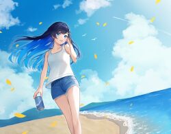 Rule 34 | 1girl, alternate costume, beach, binchou maguro, black hair, blue eyes, blue hair, breasts, can, cevio, cloud, cloudy sky, colored inner hair, commentary request, contrail, cutoffs, denim, denim shorts, dutch angle, falling petals, feet out of frame, floating hair, futaba minato, hair ornament, hairclip, hand in own hair, hand up, highres, holding, holding can, horizon, long hair, looking at viewer, multicolored hair, ocean, open mouth, outdoors, petals, short shorts, shorts, simple bird, sky, small breasts, smile, solo, tank top, two-tone hair, walking, white tank top