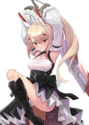 Rule 34 | 1girl, absurdres, armpits, arms up, ass, ayanami (azur lane), ayanami (nightfall raiment) (azur lane), azur lane, belt, black footwear, boots, commentary, detached sleeves, fighting stance, hair between eyes, hair ornament, hairclip, headgear, highres, holding, holding sword, holding weapon, knee boots, light brown hair, long hair, long sleeves, looking at viewer, md5 mismatch, mg42cat-k1ng, official alternate costume, orange eyes, parted lips, ponytail, retrofit (azur lane), side slit, sidelocks, simple background, solo, standing, standing on one leg, sword, two-handed sword, weapon, white background, wide sleeves