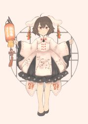 Rule 34 | 1girl, absurdres, animal ears, bad id, bad pixiv id, bell, black footwear, brown hair, closed mouth, dress, earrings, full body, highres, inaba tewi, jewelry, jingle bell, lantern, long sleeves, looking at viewer, outstretched arms, paper lantern, rabbit ears, red eyes, shoes, short hair, smile, solo, spread arms, tassel, tassel earrings, touhou, tsukiori, white dress, wide sleeves