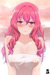 Rule 34 | 1girl, blush, borrowed character, breasts, cleavage, closed mouth, commission, covering privates, drill hair, gradient hair, hair between eyes, hair intakes, large breasts, logo, long hair, looking at viewer, mole, mole on breast, mr.takealook, multicolored hair, naked towel, nude cover, onsen, original, purple eyes, red hair, rock, solo, steam, towel, twin drills, upper body, wet, wet hair, white towel