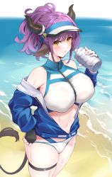 Rule 34 | 1girl, animal ears, arknights, bad id, bad pixiv id, bare shoulders, beach, bikini, blue jacket, blush, bottle, breasts, cow ears, cow girl, cow horns, cow tail, cowboy shot, day, hat, highres, holding, holding bottle, horns, jacket, large breasts, long sleeves, looking at viewer, neko mantis, ocean, off shoulder, official alternate costume, open clothes, open jacket, outdoors, parted lips, ponytail, short hair, sideroca (arknights), sideroca (light breeze) (arknights), skindentation, solo, spread legs, sweat, swimsuit, tail, thigh strap, visor cap, water, white bikini, white hat, yellow eyes