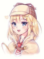Rule 34 | 1girl, :d, blonde hair, blue eyes, blush, brown capelet, brown coat, capelet, coat, collared shirt, hair ornament, hololive, hololive english, magnifying glass, medium hair, necktie, open mouth, red necktie, shirt, simple background, smile, solo, tomathao, upper body, virtual youtuber, watson amelia, watson amelia (1st costume), white background, white shirt