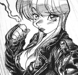 Rule 34 | 1girl, adam warren, blush, bra, breasts, bubblegum crisis, cigarette, cleavage, commentary, commission, english commentary, from side, greyscale, hair behind ear, holding, jacket, leather, leather jacket, looking at viewer, medium breasts, monochrome, paid reward available, priscilla asagiri, raised eyebrow, sidelocks, smoking, solo, thick lips, traditional media, underwear