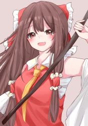 Rule 34 | 1girl, :d, blush, bow, brown eyes, brown hair, detached sleeves, gohei, grey background, hair bow, hakurei reimu, highres, korira, long hair, looking at viewer, open mouth, red vest, smile, solo, touhou, upper body, very long hair, vest, wide sleeves