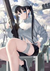 Rule 34 | 1girl, absurdres, bandaged leg, bandages, bare legs, baseball cap, black bra, black hair, black shorts, blue eyes, bra, bra visible through clothes, breasts, closed mouth, cloud, cloudy sky, front-tie top, hat, highres, holding, holding weapon, long hair, long sleeves, looking at viewer, medium breasts, midriff, navel, original, outdoors, see-through, shirt, shoes, short shorts, shorts, sidelocks, sky, sneakers, solo, thighs, traffic light, twintails, underwear, weapon, white hat, white shirt, zukan (db tyoutyo)