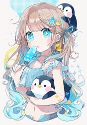 Rule 34 | + +, 1girl, animal, bikini, bird, blue bikini, blue eyes, blue hair, blue nails, blue ribbon, blush stickers, breasts, brown hair, carrying, carrying under arm, chon (chon33v), cleavage, commentary request, cropped torso, food, gradient hair, grey background, hair ribbon, highres, holding, holding food, looking at viewer, medium breasts, multicolored hair, nail polish, navel, original, parted lips, penguin, popsicle, ribbon, solo, starfish hair ornament, streaked hair, swimsuit, upper body