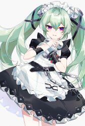 Rule 34 | 1girl, absurdres, ahoge, apron, belt, black dress, black wristband, chain, commentary, corin wickes, cowboy shot, dress, green hair, hair between eyes, hands up, high belt, highres, long hair, maid apron, maid headdress, nagano ayu, parted lips, puffy short sleeves, puffy sleeves, purple eyes, short sleeves, solo, twintails, white background, zenless zone zero