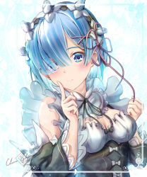Rule 34 | 1girl, absurdres, artist name, black bow, black dress, black ribbon, blue eyes, blue hair, blush, bow, breasts, clear glass (mildmild1311), commentary request, detached sleeves, dress, eyes visible through hair, frilled sleeves, frills, hair ornament, hair over one eye, hair ribbon, hands up, highres, index finger raised, long sleeves, looking at viewer, maid headdress, medium breasts, neck ribbon, pink ribbon, re:zero kara hajimeru isekai seikatsu, rem (re:zero), ribbon, short hair, signature, simple background, smile, solo, upper body, white background, x hair ornament