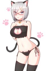 Rule 34 | 10s, 1girl, absurdres, animal ears, bad id, bad pixiv id, bell, blue eyes, breasts, cat ears, cat lingerie, cleavage cutout, clothing cutout, glasses, hair ornament, hair over one eye, hairclip, hamakaze (kancolle), highres, jingle bell, kantai collection, large breasts, meme attire, mikhail n, navel, open mouth, panties, short hair, side-tie panties, solo, tail, thighhighs, underwear, white hair