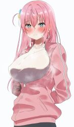 Rule 34 | 1girl, arms behind back, ashulunlun, blush, bocchi the rock!, breasts, collarbone, cube hair ornament, gotoh hitori, hair ornament, highres, jacket, large breasts, long hair, looking at viewer, one side up, pink hair, pink jacket, simple background, solo, steam, steaming body, sweatdrop, track jacket, upper body, very long hair, white background