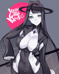 Rule 34 | 1girl, ban! (bansankan), black bow, black directive, black eyes, black hair, bow, breasts, cleavage, cleavage cutout, clothing cutout, collarbone, colored skin, copyright name, from above, grey background, hair bow, hand on own hip, highres, hime cut, large breasts, long hair, looking at viewer, looking up, smile, solo, symbol-shaped pupils, ultra kaijuu gijinka keikaku, ultra series, very long hair, white skin, wide sleeves