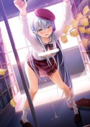 Rule 34 | 1girl, 2023, against glass, backlighting, beret, black bow, blue hair, blurry, blush, book, bookshelf, bow, breasts, breasts out, commentary request, convenient censoring, dated commentary, depth of field, dutch angle, embarrassed, eyelashes, eyes visible through hair, foot out of frame, footwear bow, frilled shirt collar, frilled socks, frills, frown, hair between eyes, hand on glass, hat, highres, indoors, kuuko (same to ikiru nanokakan), library, light censor, loafers, long hair, long sleeves, looking at viewer, miniskirt, nose blush, official art, open clothes, open mouth, open shirt, panties, panties around leg, partially unbuttoned, pink panties, plaid, plaid skirt, pleated skirt, red hat, red skirt, same to ikiru nanokakan, school uniform, shirt, shoes, sidelocks, skirt, small breasts, socks, solo, standing, straight hair, suggestive fluid, tsurime, tsurukonnyaku, underwear, upturned eyes, very long hair, white shirt, white socks, yellow eyes