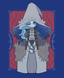 Rule 34 | 1girl, blue border, blue hair, blue skin, border, cape, cloak, closed mouth, colored skin, dress, elden ring, extra arms, extra faces, full body, fur cape, fur cloak, grey hat, hat, iccoco, long hair, looking at viewer, ranni the witch, solo, standing, witch hat