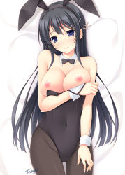 Rule 34 | 10s, 1girl, animal ears, arm under breasts, artist name, bed sheet, black hair, black neckwear, black pantyhose, blue eyes, breasts, breasts out, cleavage, commentary request, covered navel, cowboy shot, dakimakura (medium), detached sleeves, fake animal ears, from above, gluteal fold, hair ornament, hairclip, large breasts, leotard, long hair, looking at viewer, lying, mini bowtie, nipples, on back, pantyhose, playboy bunny, rabbit ears, sakurajima mai, seishun buta yarou, signature, smile, solo, sugii tsukasa, very long hair, wrist cuffs