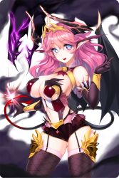 Rule 34 | 1girl, bare shoulders, bell, black gloves, black thighhighs, blush, breasts, cleavage, demon girl, demon tail, demon wings, elbow gloves, garter straps, gloves, highres, horns, jingle bell, large breasts, lilith (soccer spirits), long hair, looking at viewer, pink hair, pointy ears, shorts, smile, snowball22, soccer spirits, solo, tail, thighhighs, transparent background, underwear, wings