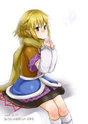 Rule 34 | 1girl, arm warmers, blonde hair, green eyes, mizuhashi parsee, monrooru, open mouth, pointy ears, scarf, shirt, short sleeves, sitting, skirt, solo, touhou