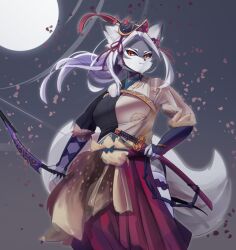 Rule 34 | 1girl, :3, animal ears, black sclera, black shirt, bow (weapon), breasts, brown shirt, closed mouth, colored sclera, commentary request, falling petals, feet out of frame, floating hair, full moon, furry, furry female, grey background, hair ribbon, hakurou (onmyoji), hip vent, holding, holding bow (weapon), holding weapon, katana, large breasts, lets0020, long hair, long skirt, looking at viewer, moon, onmyoji, orange eyes, parted bangs, petals, pleated skirt, red ribbon, red skirt, ribbon, sheath, sheathed, shirt, skirt, slit pupils, smile, solo, split-color clothes, sword, tail, thighhighs, two-tone shirt, vambraces, weapon, white hair, white thighhighs, wolf ears, wolf girl, wolf tail