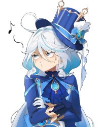 Rule 34 | 1girl, absurdres, ascot, averting eyes, blue ascot, blue coat, blue gemstone, blue hair, blue hat, coat, cowlick, crossed arms, furina (genshin impact), gem, genshin impact, gloves, hat, highres, higuhii, light blue hair, low twintails, multicolored hair, musical note, shaded face, short hair with long locks, simple background, solo, streaked hair, sweat, top hat, twintails, upper body, white background, white gloves, white hair