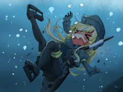 Rule 34 | &gt; &lt;, 10s, 1girl, asphyxiation, blonde hair, bubble, closed eyes, drowning, failure, garrison cap, hat, highres, kantai collection, long hair, open mouth, shinapuu, sinking, snorkel, solo, u-511 (kancolle), underwater