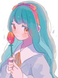 Rule 34 | 1girl, aqua hair, blue shirt, blush, closed mouth, collared shirt, commentary, flower, hairband, holding, holding flower, long hair, long sleeves, looking at viewer, nagomi ( nagomi ), neck ribbon, orange eyes, orange ribbon, original, own hands together, red flower, red hairband, ribbon, shirt, simple background, solo, sparkle, upper body, white background
