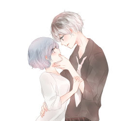 Rule 34 | 1boy, 1girl, arm grab, bad id, bad pixiv id, black hair, black shirt, blue eyes, blue hair, blush, breasts, commentary request, eyes visible through hair, hand on another&#039;s face, hand on another&#039;s waist, kaneki ken, kirishima touka, looking at another, medium breasts, multicolored hair, necktie, sasaki haise, shirt, short hair, short sleeves, simple background, sweater, tokyo ghoul, toukaairab, two-tone hair, upper body, white background, white hair, white neckwear, white sweater