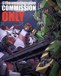 Rule 34 | arm wrestling, autobot, blue eyes, commission, cross, highres, kamitoge supino, looking ahead, looking at viewer, mecha focus, no humans, predacon, purple eyes, ratchet (transformers), red cross, redesign, science fiction, solid eyes, transformers, v-fin, waspinator, watermark