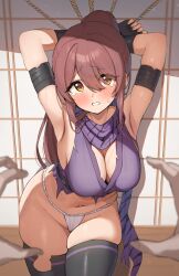 Rule 34 | 1boy, 1girl, absurdres, armlet, armpits, arms behind head, arms up, bdsm, black gloves, black thighhighs, blush, bondage, bound, bound arms, bound wrists, breasts, cleavage, dot nose, fingerless gloves, gloves, hair between eyes, high ponytail, highres, idolmaster, idolmaster shiny colors, japanese clothes, kimono, large breasts, long hair, looking at viewer, navel, ninja, official alternate costume, open mouth, osaki tenka, panties, plump, pov, pov hands, purple kimono, purple scarf, red hair, restrained, scarf, skindentation, sliding doors, sweat, swept bangs, tears, teeth, thick thighs, thighhighs, thighs, torn clothes, torn kimono, torn thighhighs, underwear, wanimaru, white panties, wide hips, yellow eyes