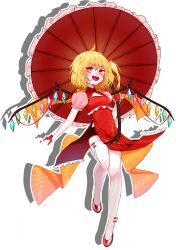 Rule 34 | 1girl, alternate costume, artist request, blonde hair, blush, china dress, chinese clothes, crystal, dress, fang, flandre scarlet, gloves, highres, holding, holding umbrella, looking at viewer, multicolored wings, no headwear, non-web source, official art, one side up, open mouth, puffy short sleeves, puffy sleeves, red eyes, red footwear, red gloves, red umbrella, shadow, short sleeves, side ponytail, smile, solo, thighhighs, touhou, touhou hero of ice fairy, transparent background, umbrella, white thighhighs, wings