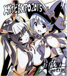 Rule 34 | 2girls, ;), bare shoulders, bikini warriors, black eyes, black hair, blue hair, breast press, breasts, cleavage, creator connection, crescent, crossover, dated, detached collar, detached sleeves, grin, hair tubes, hat, headgear, highres, japanese clothes, kaguya (queen&#039;s blade), kimono, large breasts, long hair, long sleeves, looking at viewer, mage (bikini warriors), multiple girls, neck ribbon, off shoulder, one eye closed, open mouth, queen&#039;s blade, queen&#039;s blade grimoire, red eyes, red ribbon, revealing clothes, ribbon, saitou masatsugu, short hair, sidelocks, signature, smile, star (symbol), symmetrical docking, twintails, upper body, wide sleeves, witch hat, yuri