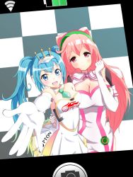 Rule 34 | 10s, 2girls, ahoge, aqua hair, bare shoulders, blue eyes, blue hair, blush, breasts, checkered background, cleavage, crossover, crown, detached collar, dress, eyebrows, foreshortening, frills, gloves, goodsmile racing, gradient hair, hacka doll, hacka doll 2, hairband, hand on another&#039;s hip, hatsune miku, headphones, highres, huge breasts, long hair, looking at viewer, medium breasts, multicolored hair, multiple girls, necktie, outstretched arm, photo (object), pink eyes, pink hair, race queen, racing miku, racing miku (2015), reaching, short necktie, tiara, twintails, ume-chan (artist), very long hair, vocaloid, white gloves