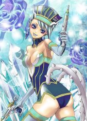 Rule 34 | 10s, 1girl, ass, bare shoulders, blue eyes, blue hair, blue rose (tiger &amp; bunny), breasts, cleavage, dual wielding, earrings, elbow gloves, female focus, gloves, gradient background, gun, hat, highres, holding, jewelry, karina lyle, lipstick, makeup, matching hair/eyes, plant, short hair, solo, superhero costume, thighhighs, tiger &amp; bunny, tooyama haruki, weapon