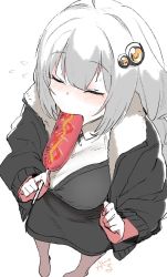 Rule 34 | 1girl, ahoge, black jacket, blush, braid, breasts, closed eyes, flying sweatdrops, food, food in mouth, from above, fur collar, grey hair, hair ornament, jacket, kizuna akari, large breasts, long hair, long sleeves, open mouth, phallic symbol, rkrk, sausage, sexually suggestive, signature, simple background, solo, sweat, twin braids, voiceroid, white background