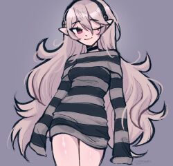 Rule 34 | 1girl, alternate costume, artist name, black hairband, black sweater, blush, breasts, commentary, corrin (female) (fire emblem), corrin (fire emblem), english commentary, fire emblem, fire emblem fates, grey background, grey sweater, hair behind ear, hairband, highres, long hair, medium breasts, megrocks, nintendo, no bra, one eye closed, pointy ears, purple eyes, simple background, sleeves past fingers, sleeves past wrists, smile, solo, striped clothes, striped sweater, sweater, very long hair