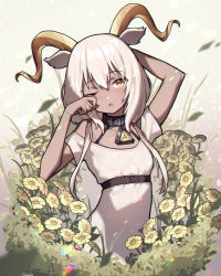 Rule 34 | 1girl, ;o, absurdres, animal ears, arknights, arms up, beeswax (arknights), beudelb, blush, collar, dark-skinned female, dark skin, dress, flat chest, flower, goat ears, goat horns, gradient background, grey background, highres, horns, infection monitor (arknights), long hair, looking at viewer, low twintails, off-shoulder dress, off shoulder, one eye closed, open mouth, short sleeves, silver hair, solo, twintails, underbust, upper body, white dress, wiping face, yellow eyes, yellow flower