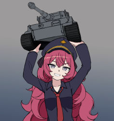 Rule 34 | 1girl, absurdres, black hat, black shirt, blue archive, collared shirt, gradient background, grey eyes, grin, hat, highres, iroha (blue archive), lifting vehicle, long hair, long sleeves, looking at viewer, military, military vehicle, motor vehicle, necktie, peaked cap, red hair, red necktie, shirt, smile, solo, tank, tiger i, upper body, xandier59