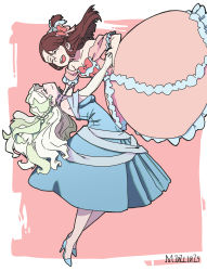 Rule 34 | 2021, absurdres, alternate costume, blue dress, blush, bow, braid, dancing, dated, diana cavendish, dress, earrings, closed eyes, gown, hair bow, half-closed eyes, high heels, highres, holding hands, jewelry, kagari atsuko, little witch academia, long glove, long hair, mmmmpymm, necklace, pink background, pink bow, pink dress, yuri