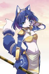 Rule 34 | 1girl, :3, animal ear fluff, animal ears, animal nose, aqua eyes, arm behind head, arm tattoo, arm up, armor, bad id, bad pixiv id, bandeau, blue eyes, blue fur, blue hair, body fur, breasts, choker, circlet, closed mouth, cloud, collarbone, commentary request, cowboy shot, crystal, female focus, fox ears, fox girl, fox tail, furry, furry female, gem, glint, gold, gradient background, green gemstone, hairband, happy, highres, holding, holding polearm, holding spear, holding weapon, jewelry, krystal, leg tattoo, loincloth, looking at viewer, medium breasts, namagaki yukina, navel, necklace, nintendo, orange sky, outdoors, pelvic curtain, pinky out, polearm, red gemstone, revision, short hair, shoulder armor, sky, smile, snout, solo, spear, standing, star fox, star fox adventures, stomach, sunset, tail, tail ornament, tail ring, tattoo, tribal, two-tone fur, vambraces, weapon, white fur, yellow choker, yellow hairband