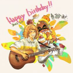 Rule 34 | 2girls, blonde hair, cake, character request, closed eyes, collared shirt, dark-skinned female, dark skin, dated, food, fork, fruit, frye (splatoon), guitar, happy birthday, harem pants, highres, holding, holding fork, holding guitar, holding instrument, inkling, instrument, midriff, multiple girls, nintendo, open mouth, pants, parted lips, plate, pointy ears, shirt, short sleeves, sleeveless, sleeveless shirt, splatoon (series), splatoon 3, strawberry, tentacle hair, twitter username, whale, white pants, white shirt, wildcard1 4