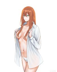 Rule 34 | 1girl, absurdres, blush, breasts, closed mouth, collarbone, cozie178, feet out of frame, girls&#039; frontline, green eyes, highres, holding, holding clothes, holding shirt, long hair, looking at viewer, medium breasts, navel, no bra, open clothes, open shirt, orange hair, panties, shirt, smile, solo, springfield (girls&#039; frontline), standing, underwear, white background, white panties, white shirt