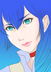 Rule 34 | 1girl, blasowa, blue hair, choker, densetsu kyojin ideon, female focus, gradient background, karala ajiba, solo