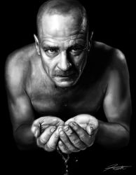Rule 34 | 1boy, bald, breaking bad, facial hair, from above, greyscale, looking at viewer, looking up, male focus, monochrome, realistic, serious, signature, solo, tiffany knight, walter white