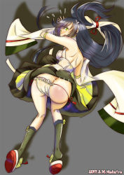 Rule 34 | 10s, 1girl, 2017, ass, black hair, blush, dated, detached sleeves, dress, flying sweatdrops, green dress, green eyes, green socks, grey background, hair ribbon, kantai collection, kneehighs, long hair, low-tied long hair, mizuho (kancolle), moke ro, open mouth, panties, ribbon, side-tie panties, simple background, socks, solo, spanked, underwear, very long hair