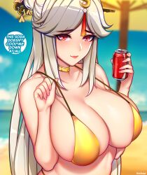 Rule 34 | 1girl, absurdres, beach, beach umbrella, bikini, blue sky, blurry, blurry background, breasts, can, cleavage, closed mouth, cloud, commentary, day, drink can, english commentary, english text, genshin impact, gold bikini, gold choker, grey hair, hair ornament, hair stick, hands up, highres, holding, holding can, ikkimay, large breasts, lips, long hair, looking at viewer, ningguang (genshin impact), outdoors, red eyes, red lips, sky, soda can, solo, speech bubble, strap gap, swimsuit, tassel, tassel hair ornament, umbrella, upper body, very long hair