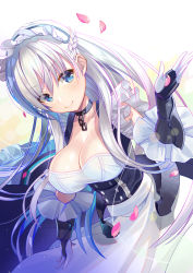 Rule 34 | 1girl, apron, at-yui, azur lane, belfast (azur lane), blue eyes, blush, braid, breasts, chain, cleavage, collar, collarbone, commentary request, dress, french braid, frills, gauntlets, gloves, hair between eyes, hand up, highres, large breasts, light particles, long hair, looking at viewer, maid, maid headdress, petals, revision, sidelocks, silver hair, smile, solo, upper body, white gloves, wind