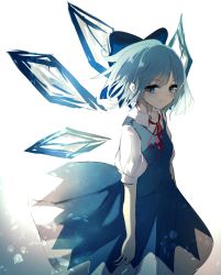 Rule 34 | 1girl, bad id, bad pixiv id, blue bow, blue dress, blue eyes, blue hair, blue theme, bow, breasts, cirno, closed mouth, detached wings, dress, fairy, green night, hair bow, highres, ice, ice wings, looking at viewer, neck ribbon, puffy short sleeves, puffy sleeves, red ribbon, ribbon, short sleeves, small breasts, solo, touhou, wings