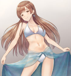 Rule 34 | 1girl, bare arms, bare shoulders, bikini, blush, breasts, breasts apart, brown eyes, brown hair, closed mouth, clothes lift, collarbone, contrapposto, cowboy shot, earrings, glint, gluteal fold, gradient background, grey background, head tilt, idolmaster, idolmaster cinderella girls, irohakaede, jewelry, lips, long hair, medium breasts, navel, nitta minami, sarong, sarong hold, sarong lift, see-through, smile, solo, standing, stomach, straight hair, swimsuit, thighs, very long hair, white bikini