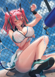Rule 34 | 1girl, arm under breasts, azur lane, bare shoulders, blouse, blue sky, blush, bottle, breasts, bremerton (azur lane), bremerton (scorching-hot training) (azur lane), chain-link fence, cleavage, collarbone, covered erect nipples, day, fence, hair between eyes, hair ornament, heart, heart necklace, highres, jewelry, large breasts, long hair, looking at viewer, mhk (mechamania), mole, mole under eye, multicolored hair, necklace, open mouth, pink eyes, pink hair, racket, see-through, shirt, shoes, sidelocks, sky, sleeveless, sleeveless shirt, sneakers, solo, sportswear, streaked hair, tennis racket, tennis uniform, thighs, twintails, two-tone shirt, two-tone skirt, water bottle, wet